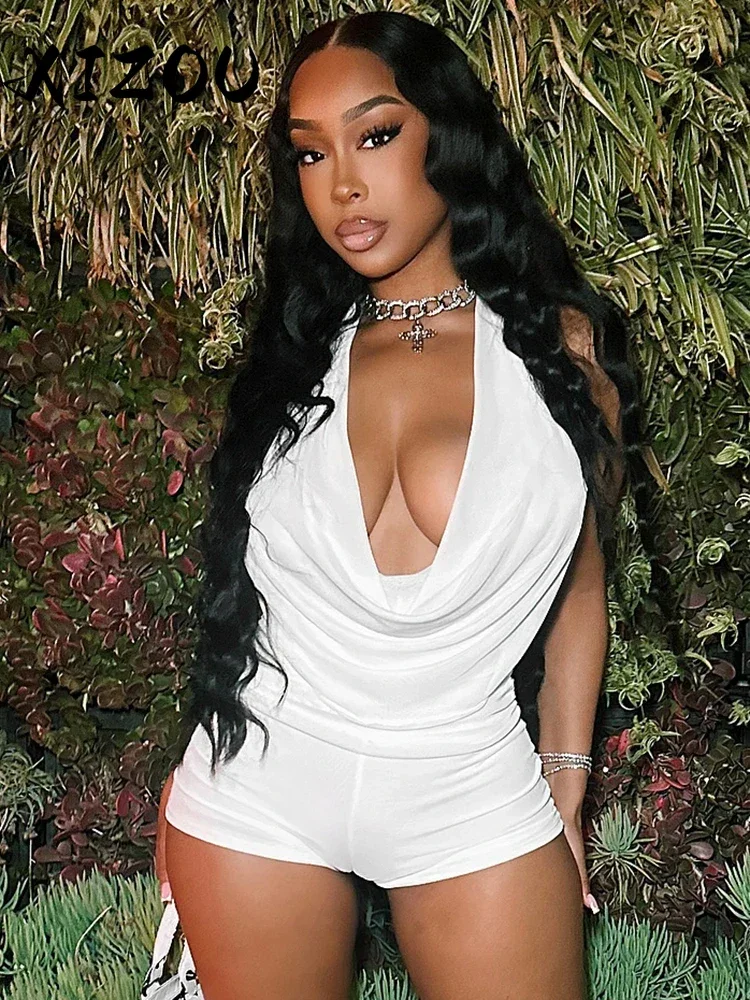 

XIZOU Sexy Elegant 2 Piece Set Halter Backless Bandage Swing Collar Tank Tops+Shorts Matching Streetwear Tight Stretch Suit