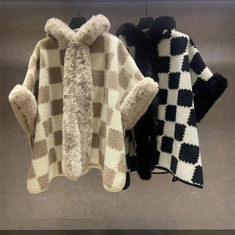

Plaid Poncho Women Loose Rabbit Fur Thicken Overcoat Long Cloak Winter Warm Velvet Thick Batwing Sleeves Coat With Hat