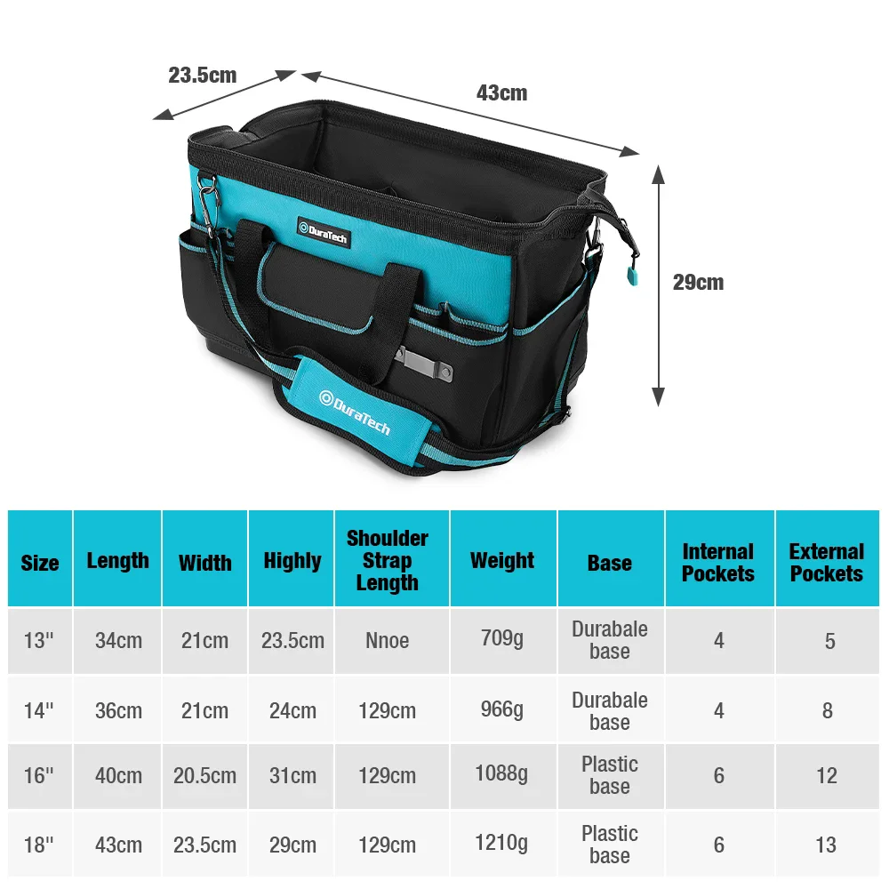 DuraTech Borsa per attrezzi da 13/14/16/18 pollici con base modellata resistente all'acqua Borsa per elettricista portatile Organizzatore di attrezzi multifunzione per la riparazione