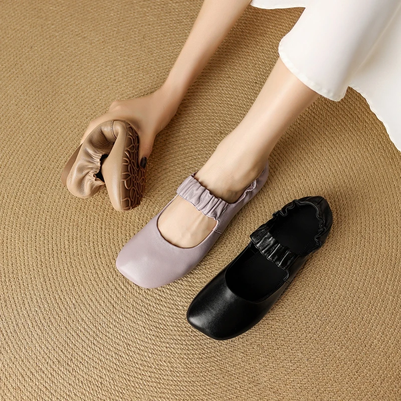 

Women's new leather sheepskin square toe soft and comfortable pleated belt buckle low heel Mary Jane shoes casual shoes