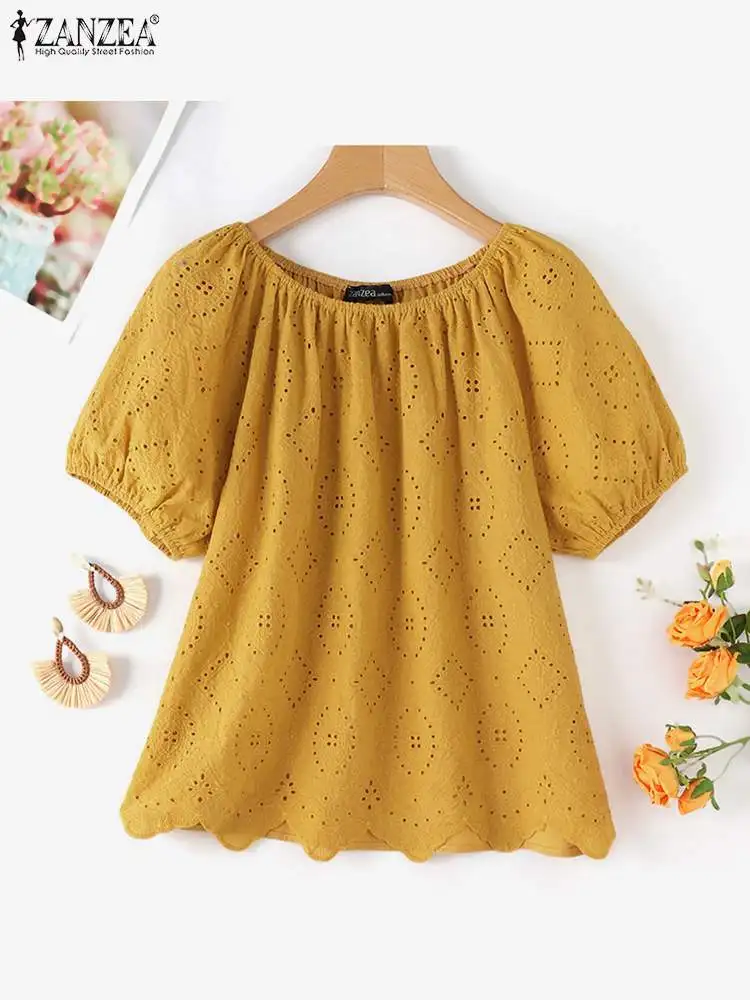 ZANZEA Korean Fashion Hollow Out Embroidery Blouses Women Elegant Short Puff Sleeve O Neck Blusas Casual Lace Patchwork Tops