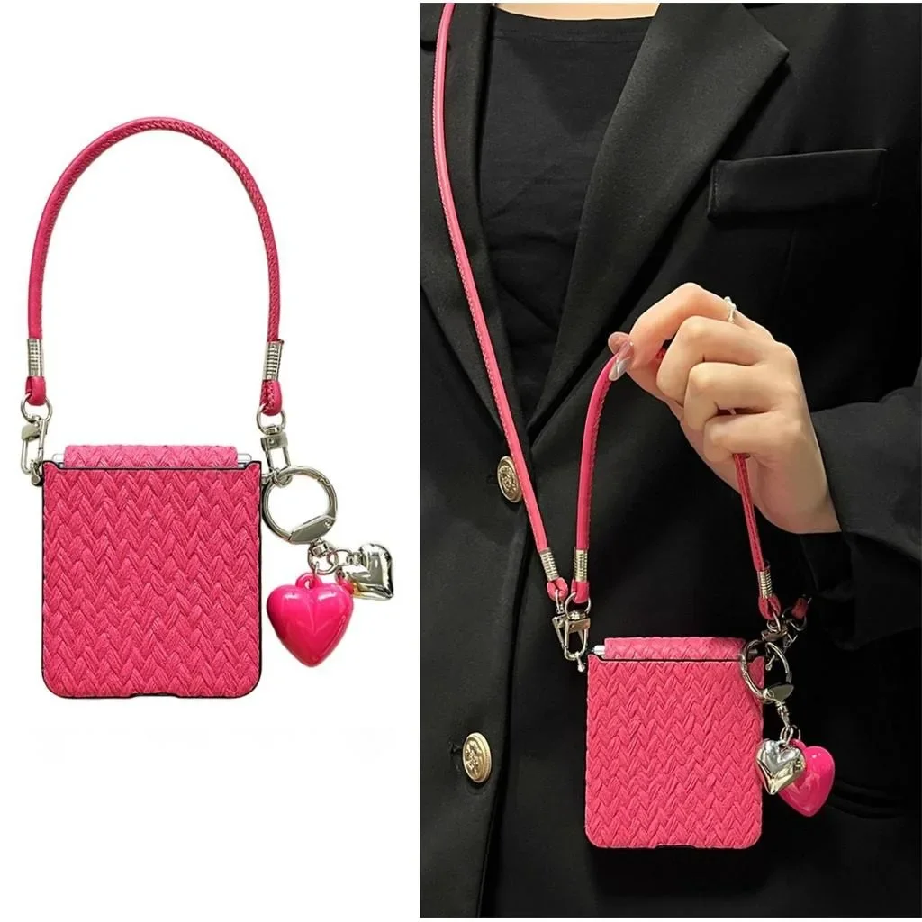 Korean Rose Red Straw Mat Pattern Love Heart Pendant Lanyard Rope Leather Case Cover For Samsung Galaxy Z Flip 8 7 FE 6 5 4 5G