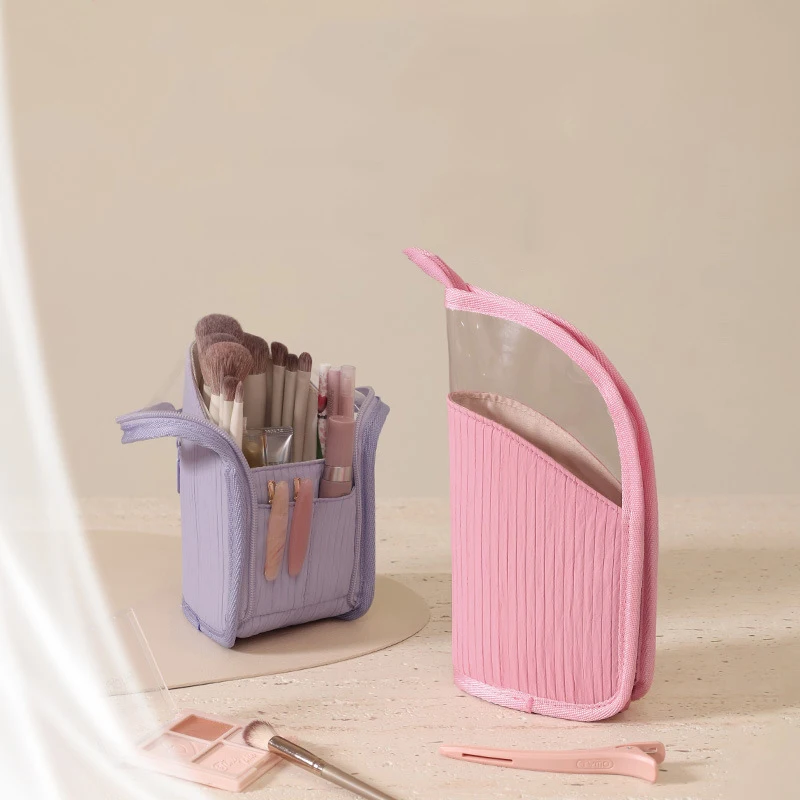2026 New Vertical Makeup Bag Semi Transparent Small Travel Toiletry Bag Portable Makeup Brush Storage Bag Concise Pencil Case