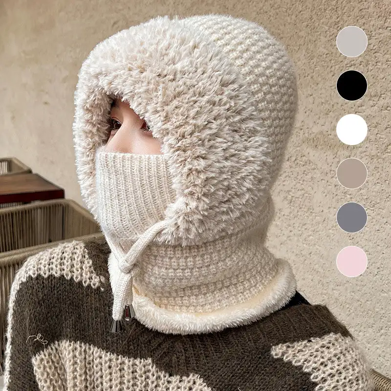 New 3-in-1 Winter Balaclava for Women Knitted Woolen Velvet Hat One-piece Scarf Hat Outdoor Cycling Windproof Ear Protection Hat