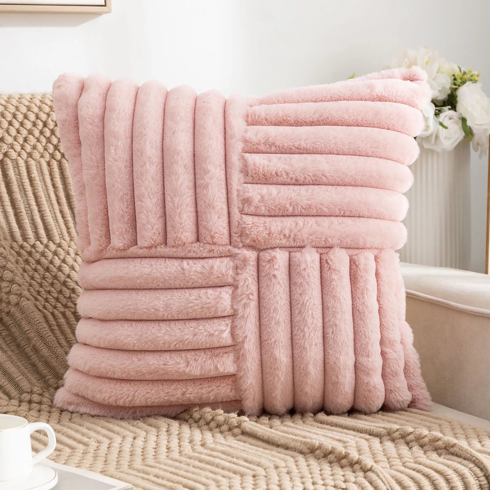 

Faux Rabbit Fur Pillow Cover 18x18 Inch, Boho Decorative Throw Covers for Sofa Bed, Soft Fuzzy Striped Cushion Case