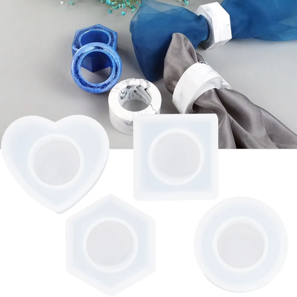 4pcs Jewelry Tools Hexagon Resin Mold Square Round Silicone Mold Heart White Napkin Ring Mold Parties