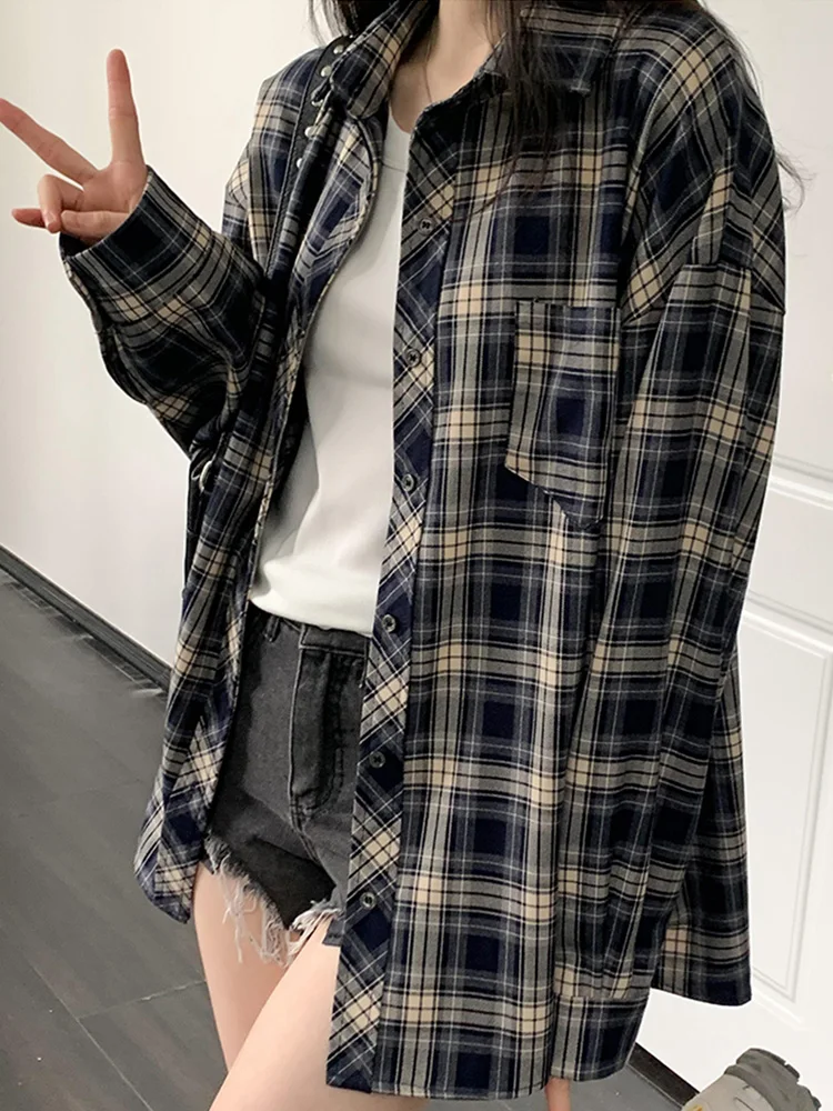 Checkered Shirt for Women Soft Button Up Collared Long Sleeve Plaid Shirt Female Outfit