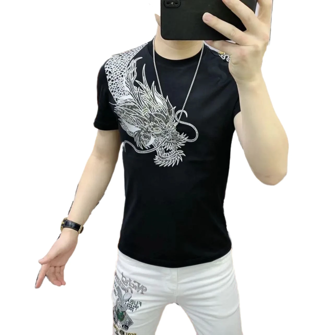 Chinese Style Dragon Printed Rhinestones T-shirts Men Short Sleeve Slim Fit T-shirts Round Neck Social Streetwear Tee Tops M-4XL