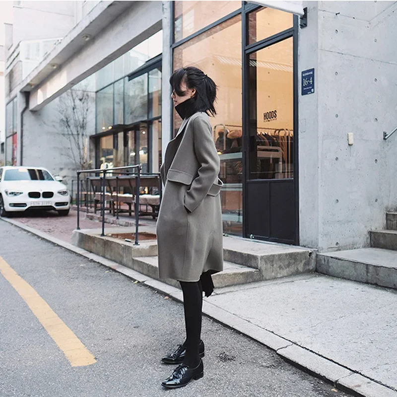 Women Lapel Solid Color Knee-Length Long Outwears Warm Thick Autumn Winter Overwears Double Sided Fashion Cashmere Wool Coats