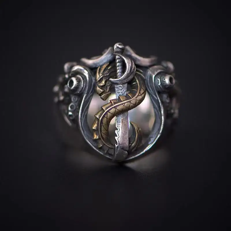 Vintage League of Legendes Bilgewater Rings for Men Women Two Tone Dragon Sword Opening Ring Fans Cosplay Party Jewelry Gifts