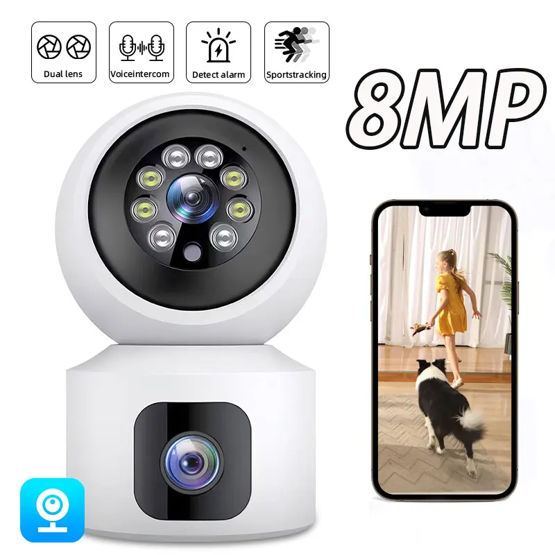 

8MP WiFi PTZ Camera Dual Lens Dual Screen Home IP Camera Indoor AI Tracking Night Vision Baby Monitor Wireless Security CCTV