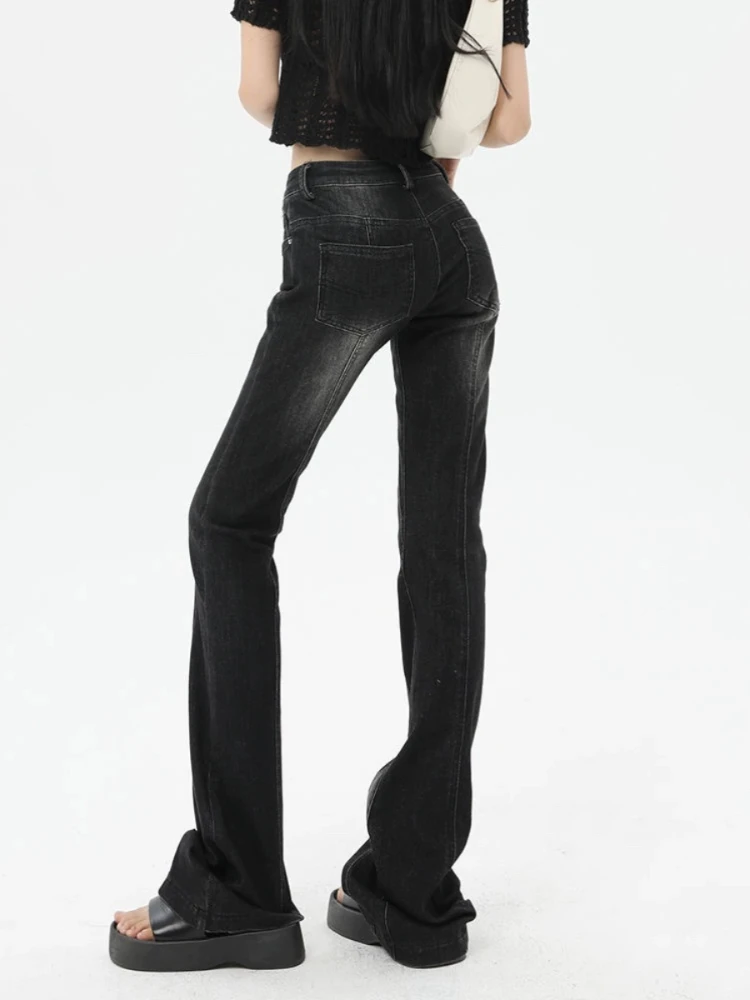 ADAgirl Y2k Irregular Low Waist Denim Flared Pants Black Washed Jeans for Women Vintage Kpop Drak Aesthetics Grunge Trousers New