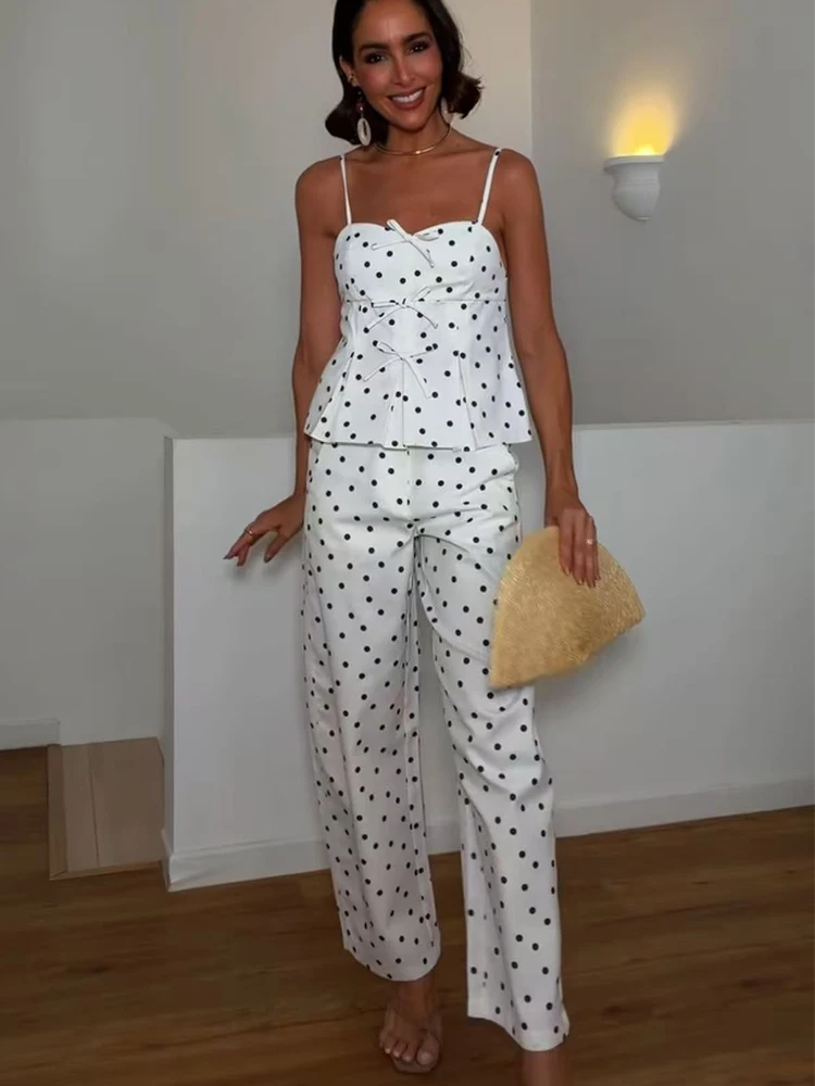 Schickes Damen-Set mit gepunkteter Hose, 2-teilig, modisches Oberteil mit Schleifenärmeln und lange Hose, elegante Partykleidung, Freizeitsets