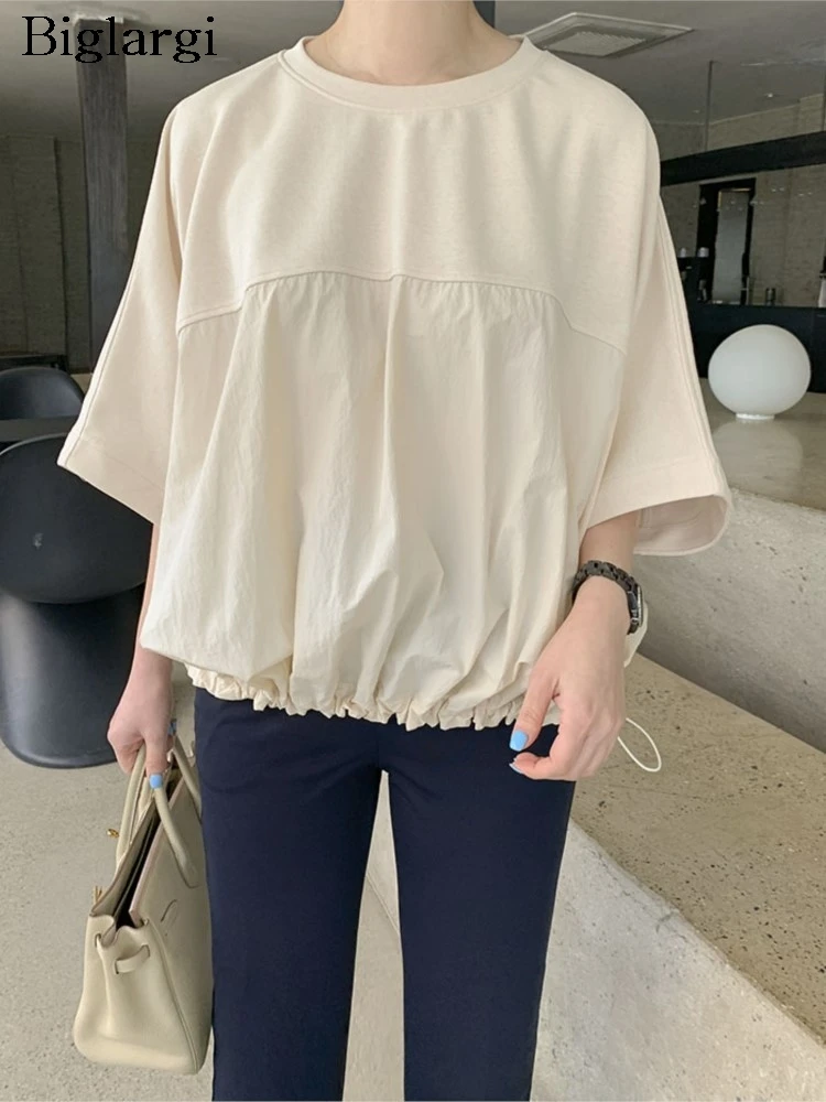 Summer Pullover Tops Women Pleated Patchwork Fashion Short Sleeve Ladies Blouses Korean Style Loose Casual Woman Tops