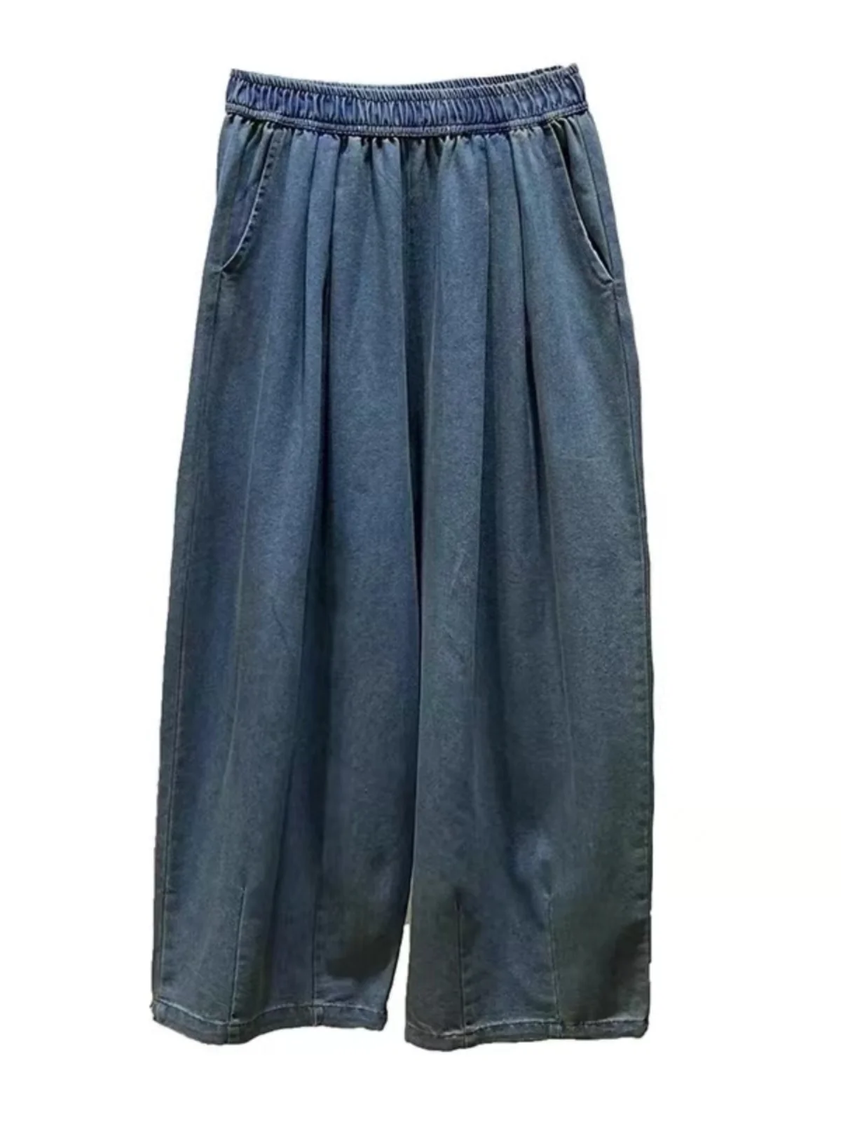 High Waist Faded Wide Leg Elastic Waist Denim Jeans Women\'s Summer Thin Nine Point Pants Casual Stylish Ladies Jeans