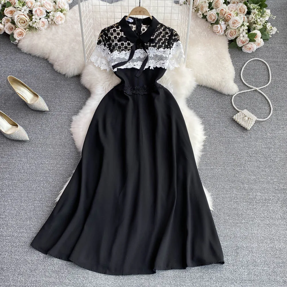 

Bla Lace Panel A-Line Dr owstopper Sle High Waist Pleated Skirt ort Sve Summer Long Dr for Young Women 8-24