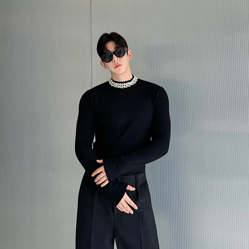 

Fall Faion Men's Long Sve T-irt Decorative Design Hidden Zipper Stand Collar Base irt Versatile Polyester Fiber