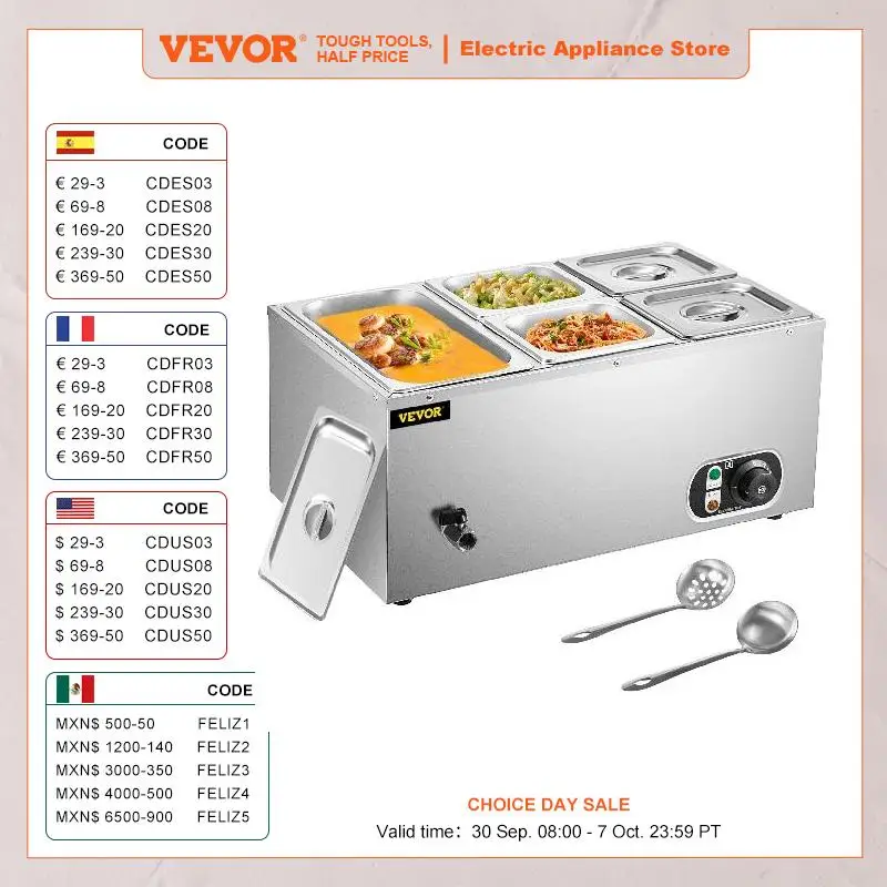 VEVOR 110V Commercial Food Warmer 1x1/3GN&4x1/6GN 5-Pan Stainless Steel Bain Marie 13.7 Quart Capacity for Catering Restaurants