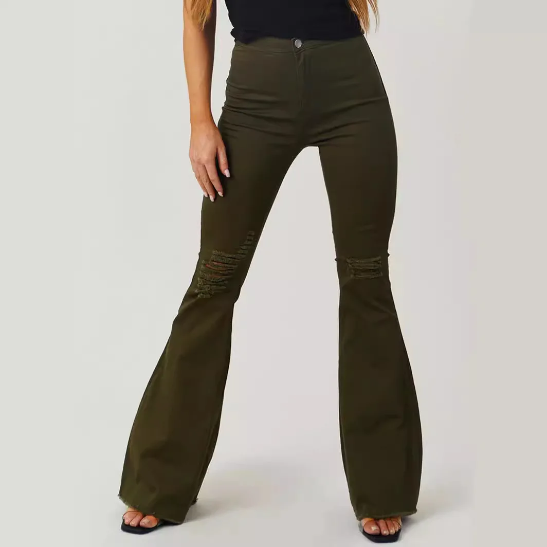 

Washed Holes Slim Mid-waist Jeans, Europe and The United States Women's Autumn New Fashion Rough Edge Denim Micro Flare Pants