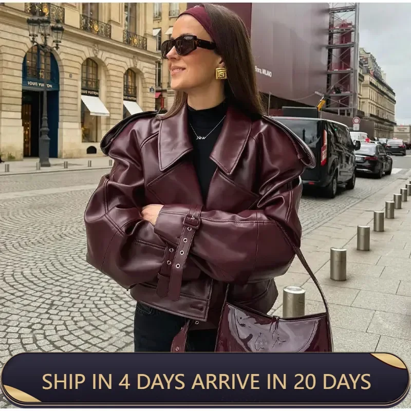 2024 Spring Women's Jacket With Retro Motorcycle Look Adjustable Cuffs And Personality Street PU Collar