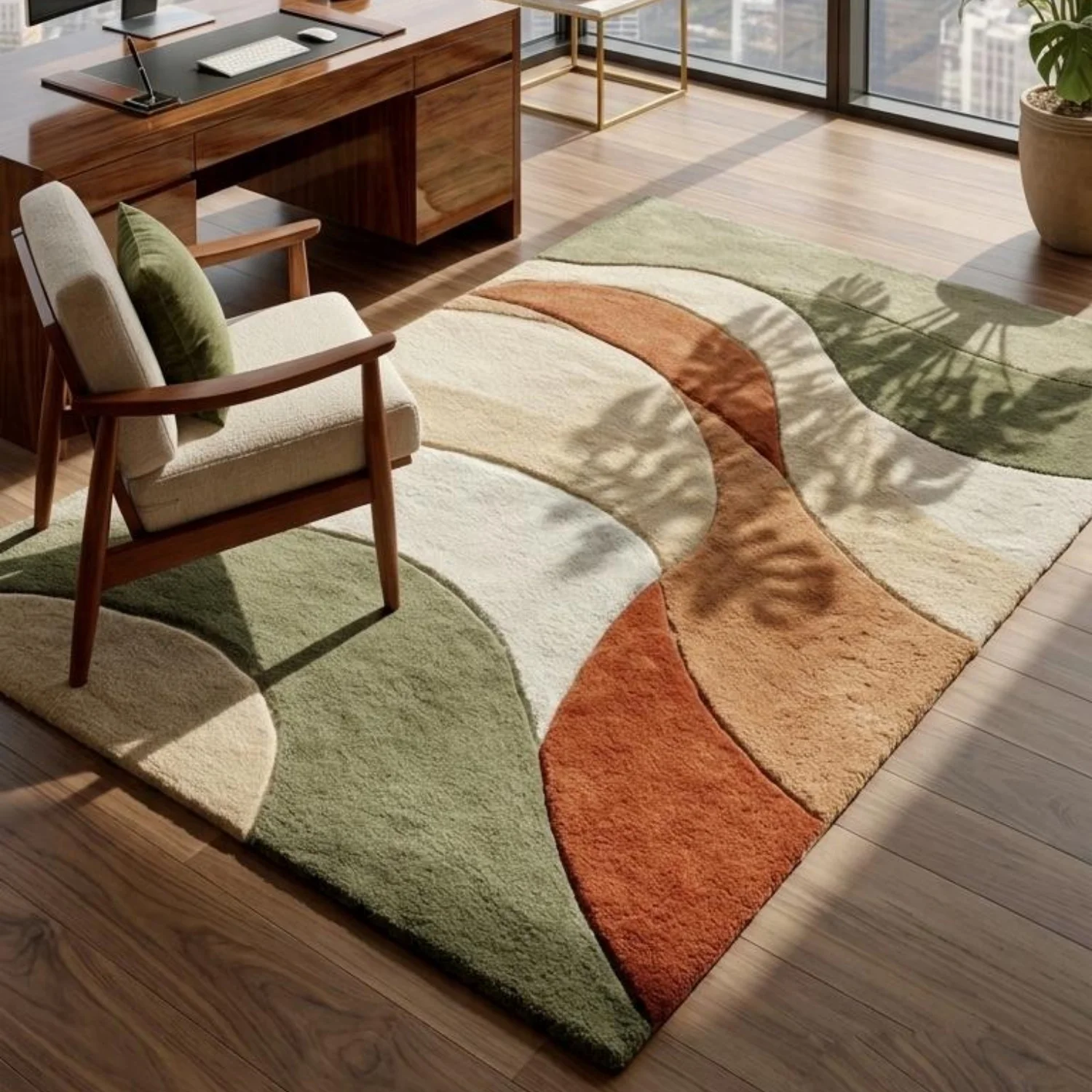 Room Decor Rug  Modern Abstract Rug Ol Green  Rust Area Rug Wavy Pattern Carpet Neutral Boho Rug Scandinavian Minimalist Rug Living Room Bedroom DE1cor