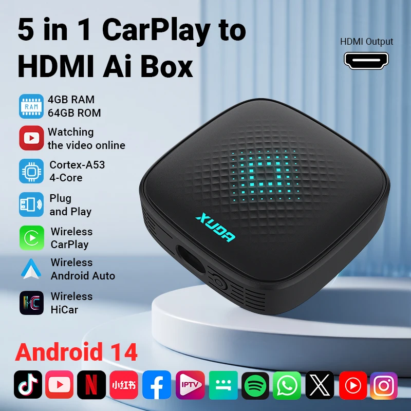 ACODO Android14 5in1 CarPlay to HDMI Video Ai BOX Беспроводной адаптер HiCar для Toyota Mazda Vw Peugeot Havel Jeep Cadillac и т. д.