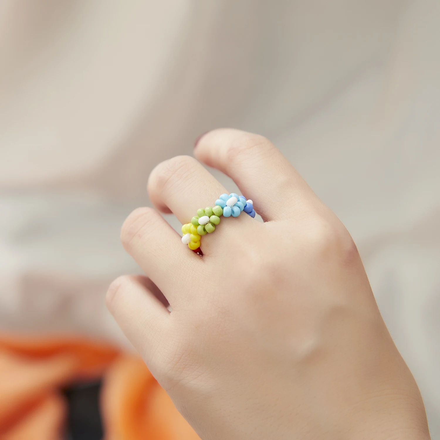 Cute Colorful Transparent Resin Acrylic Flower Rings for Women Bohemian Handmade Elastic Rice Beaded Ring Aesthetic Jewelry