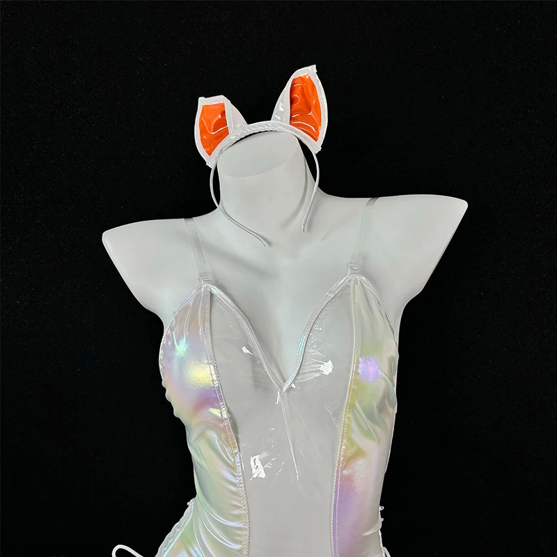 SENMHS Cute Cat Gir Cosplay Shiny Laser fabric Transparent Open Crotch Bodysuit with Butterfly Tail Anime Hollow Sexy Lingerie