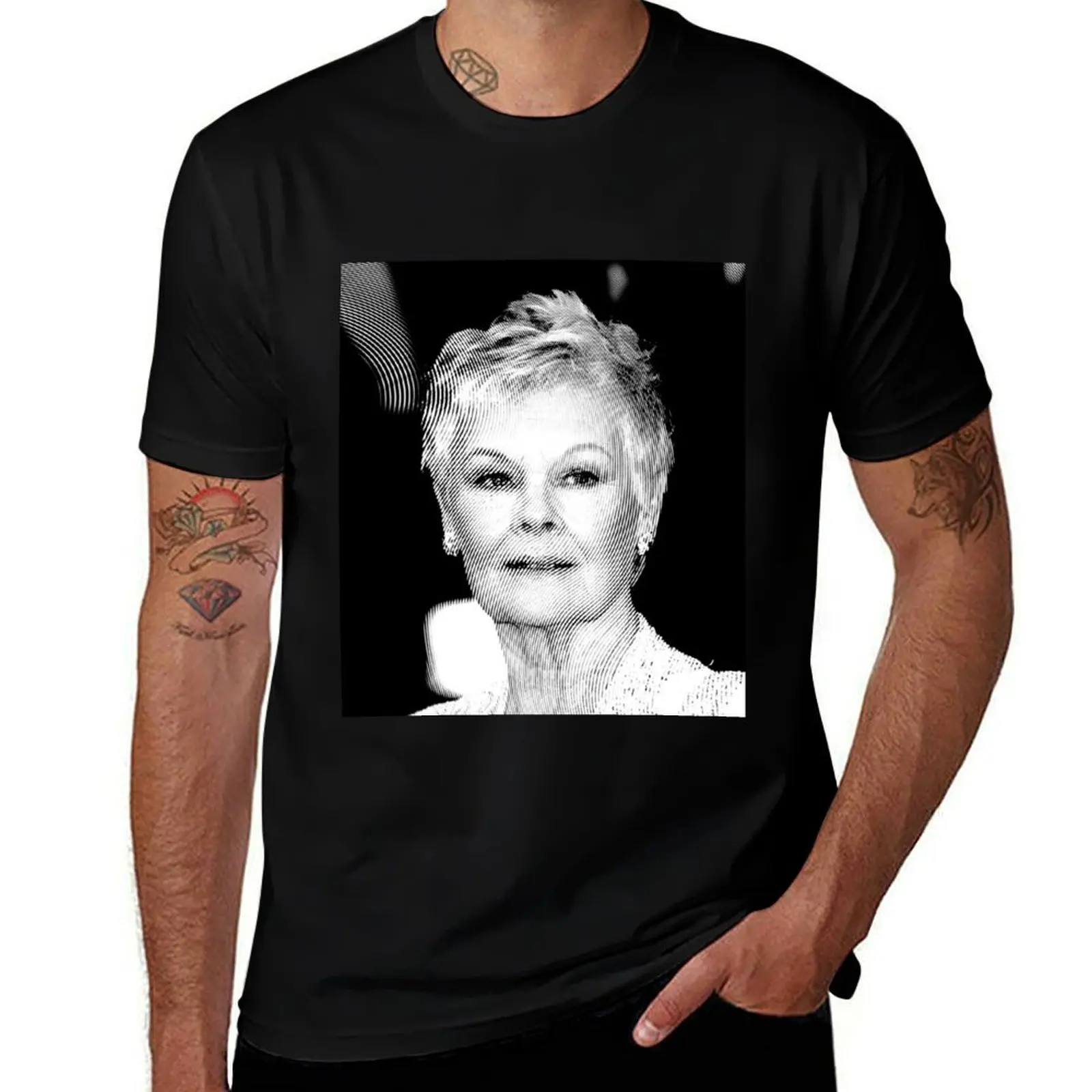 Judi Dench Linocut In Black & White T-Shirt Casual Loose Short Sleeve Tee for Men