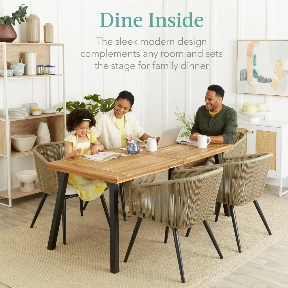 

6-Person Acacia Wood Indoor Outdoor Dining Table – Powder-Coated Steel Frame & 350 lb Capacity | Natural Finish