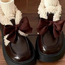 Winter Japanese Sweet Platform Shoes Women Warm Bow Vintage Kawaii Plush Shoes Female Pure Color Casual Comfortable Shoes 2023