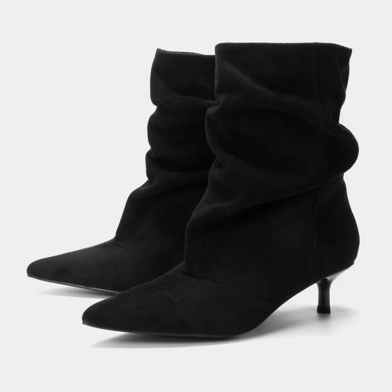 Women Pile Up Ankle Boots 2026 Vintage Coffee Colored Suede Pointed Thin Heel Autumn and Winter Fashionable Short Boots