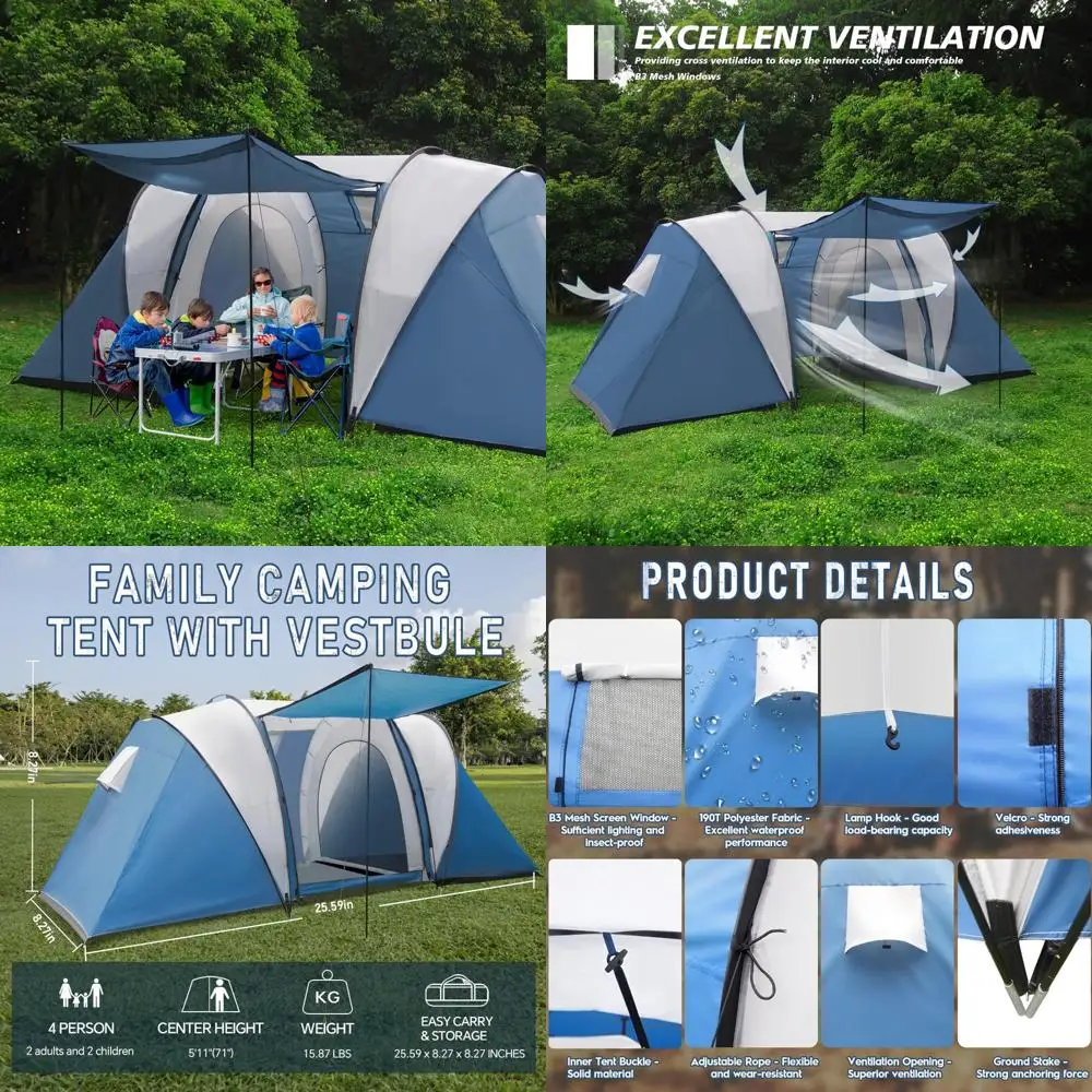 Family-Sized Weather-Resistant 2-4 Person Camping Tent with Porch and Rainfly, Easy Setup Dual-Room Shelter