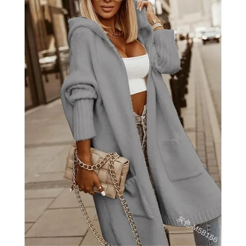 Women Knitted Hooded Cardigan Sweater Top Elegant Fashion Solid Color Long Sleeve Loose Pocket Outwear Coat Y2K Clothes