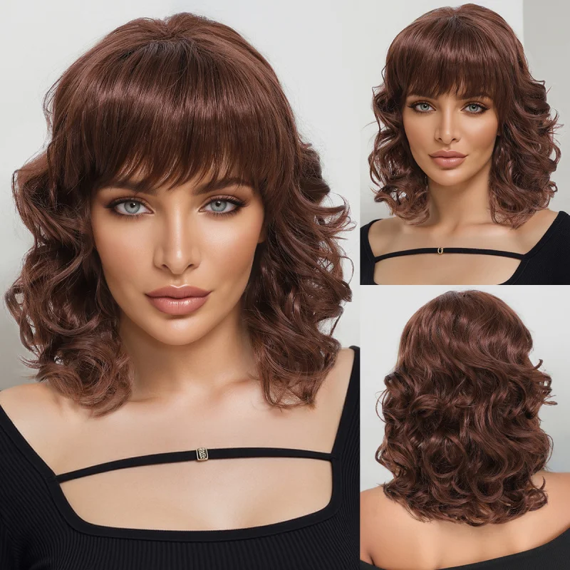 

Brown-black side-swept bangs wig for women, realistic and natural full headpiece, voluminous medium-long curly hair, high-temper