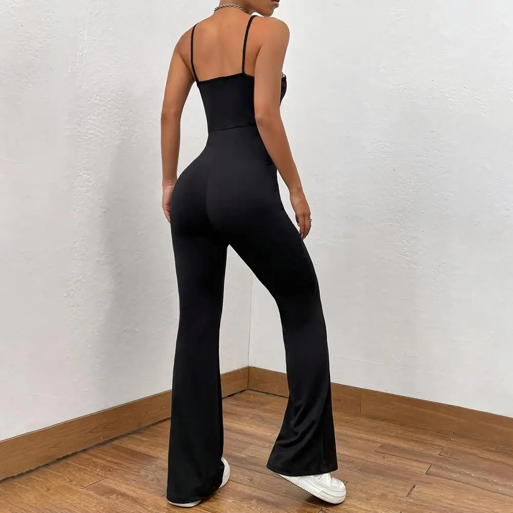 

Skinny Jumpsuit Elegant Backless Jumpsuit for Women Slim Fit Solid Color Square Neck High Waist Flared Hem Sporty Lady Jumpsuit