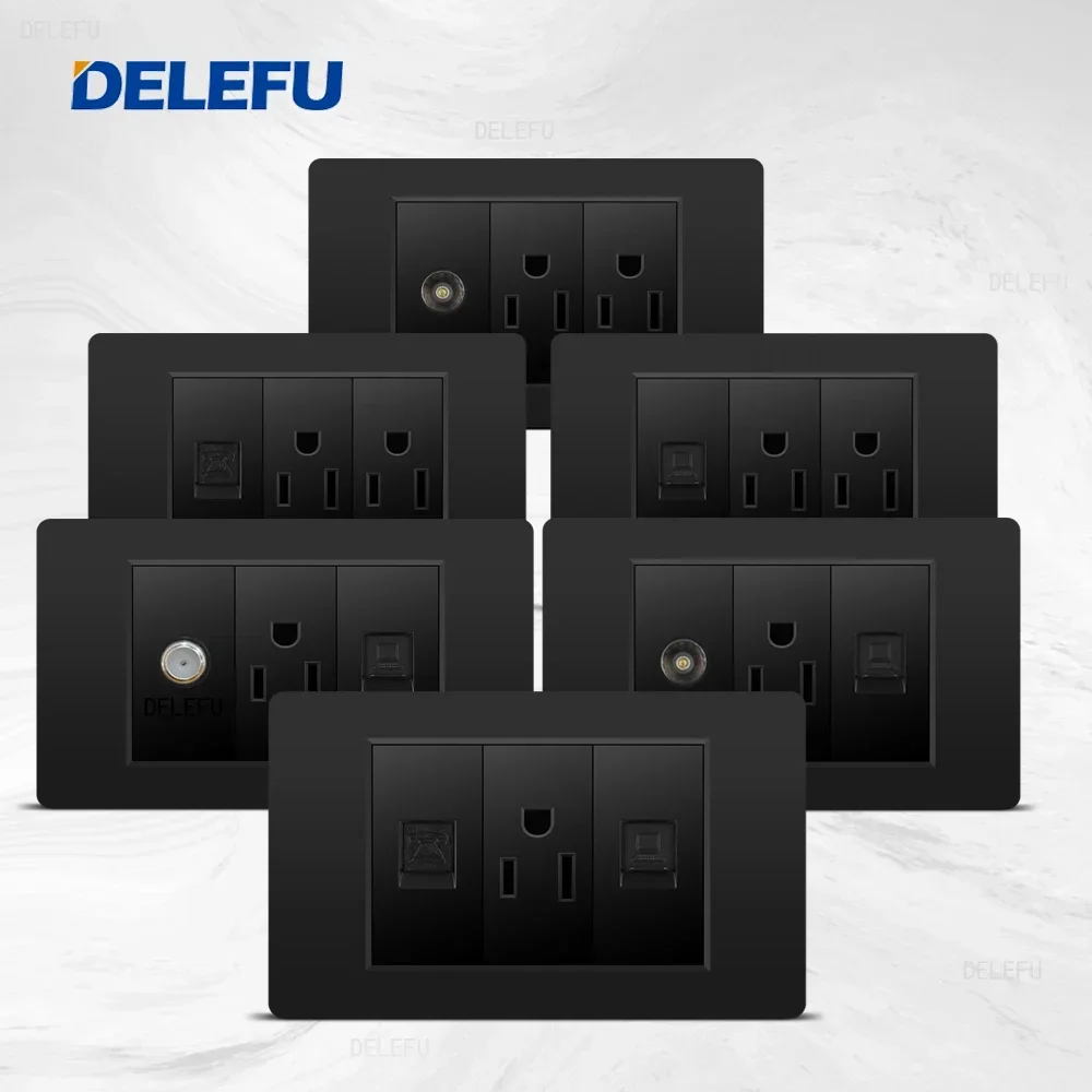 DELEFU Black PC panel American Standard series 118*74mm wall computer combination socket switch