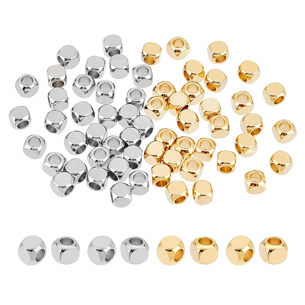 60Pcs 2 Colors 304 Stainless Steel Spacer Beads Cube Golden Stainless Steel Color 4x4x4mm Hole: 2mm 30pcs/color