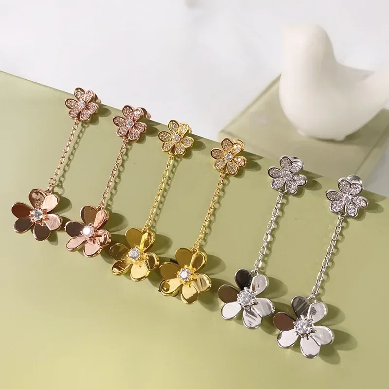 

FUQI Brand Trendy Ladies Three Leaf Flower Tassel Long Drop Earrings Sets for Women Wedding Fashion Jewelry Sets with Gift Box