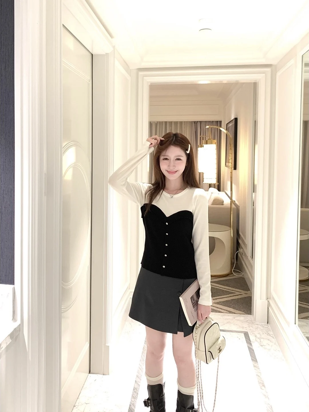 ファイオナブル ロングスリーブ ニットセーター レディース スリムフィット カラーブロック コントラスト 秋冬新作 高級感 トレンド