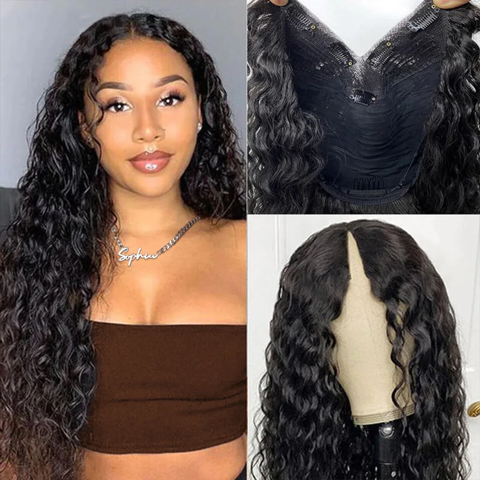 

250% Density Natural Black V Part Wig Human Hair No Leave Out Brazilian Deep Wave Human Hair Wigs for Women Upgrade U Part Wig