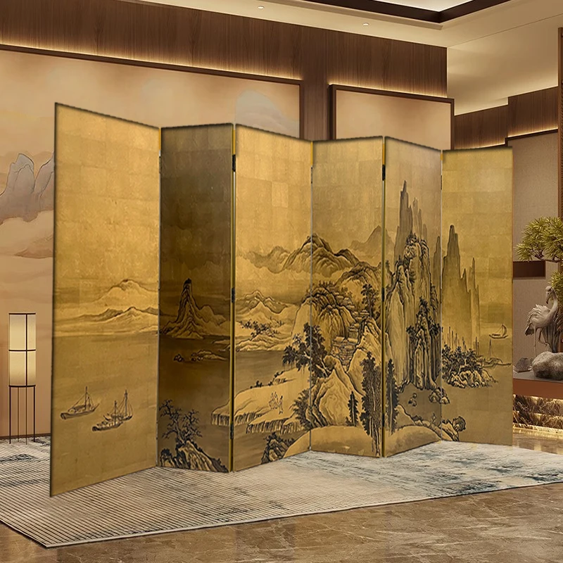 Landscape Lacquer Painting With Gold Foil Indoor Foldable Screen Partition