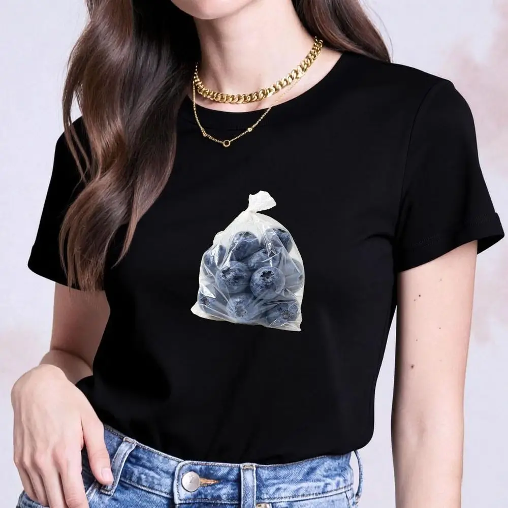 Blueberry Plastic Bag Print Graphic T-Shirt Women Summer Short Sleeve Creative Fruit Pattern Aesthetic Vintage Top Free Shipping
