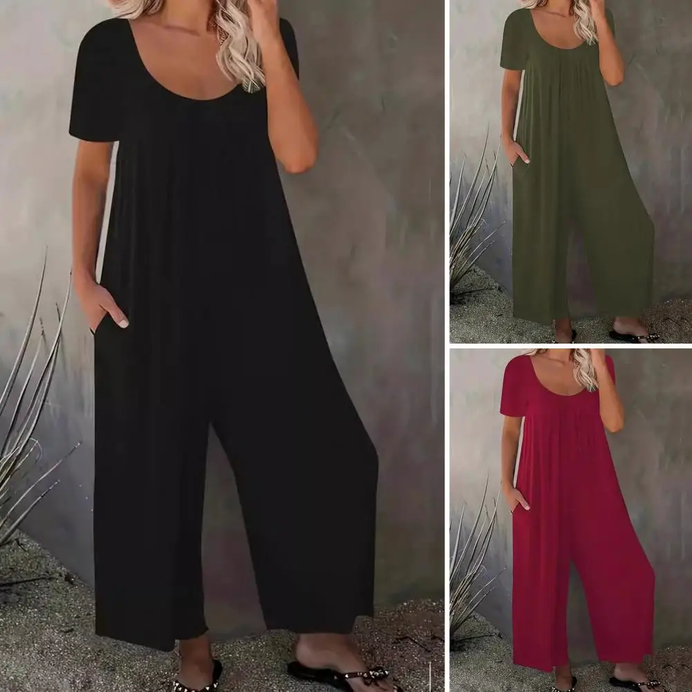 Letni kombinezon damski O Neck Wide Leg Deep Crotch Loose Side Pockets Pullover Casual Daily Wear Ankle Length Jumpsuit 여성 Bundes프슈트