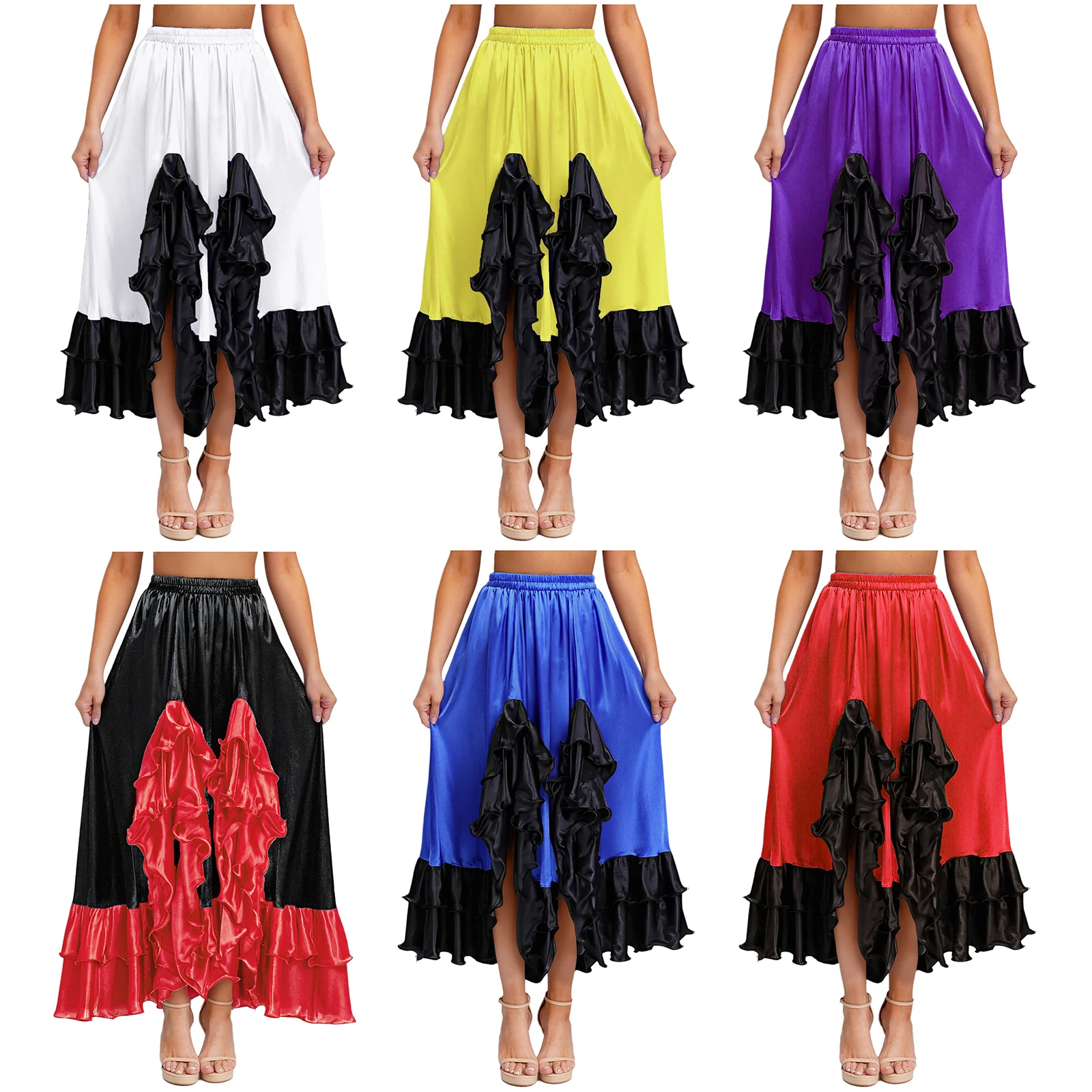 Elegante falda de flamenco para mujer con dobladillo con volantes y tela satinada, perfecta para actuaciones de danza española y práctica de tango