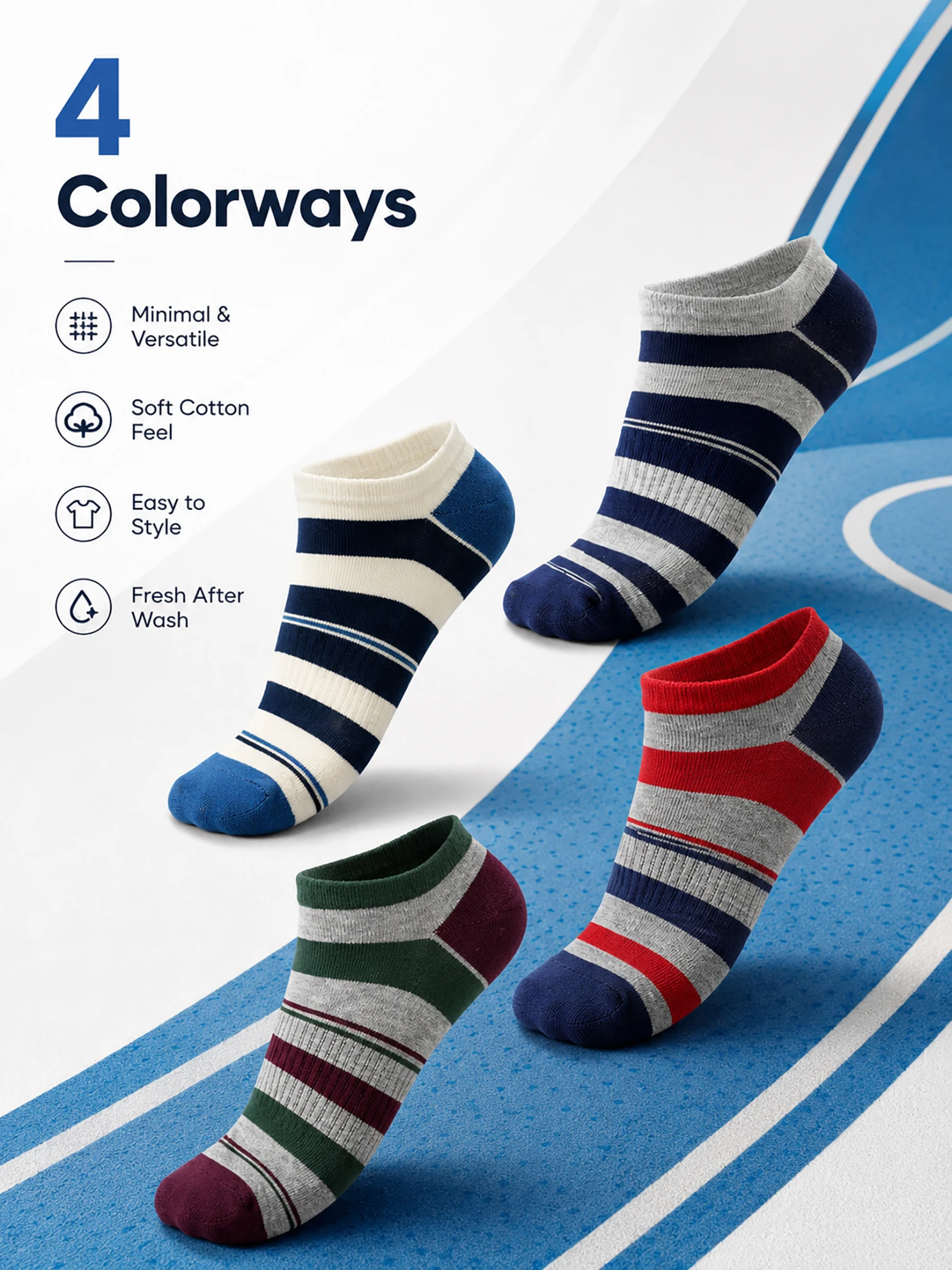 1/4 Pasang Kaus Kaki Pria Bergaris Warna-Warni, Bahan Katun Bernapas, Empuk, Model Pendek, Untuk Olahraga Lari, Anti Selip, Menyerap Keringat, Cocok untuk Hadiah