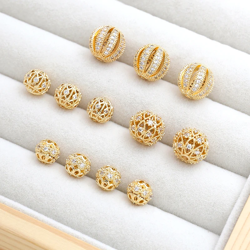 Copper Plated with Genuine Gold  Zircon Inlaid Hollow Circular Partition Beads  DIY Manufacturing Fashion Jewelry Accessories