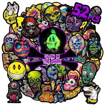 어두운 해골 스티커에 빛나는 52pcs 공포 빛나는 자기 접착 물병 방수 스티커 벽 예술, 홈 장식