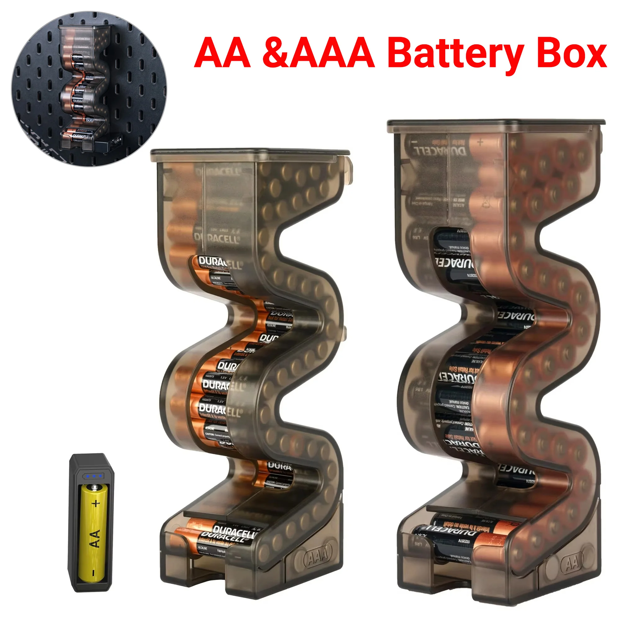 

S-Shaped Battery Organizer Case Holds 35 AAA & 27 AA Batteries With Tester, Wall-Mountable for Pegboard, Compact Space-Saving
