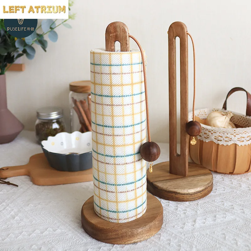 HeMu Durable Acacia Wood Paper Towel Stand - Easy Load Vertical Paper Roll Holder for Kitchen Countertop Organization